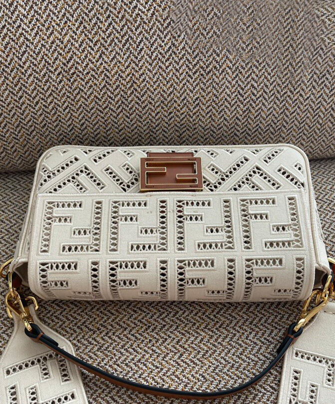 Fendi Baguette FF Canvas Handbag 8BR600 White